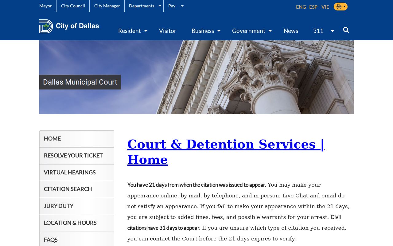 Dallas Municipal Court service information for city citations and warrants