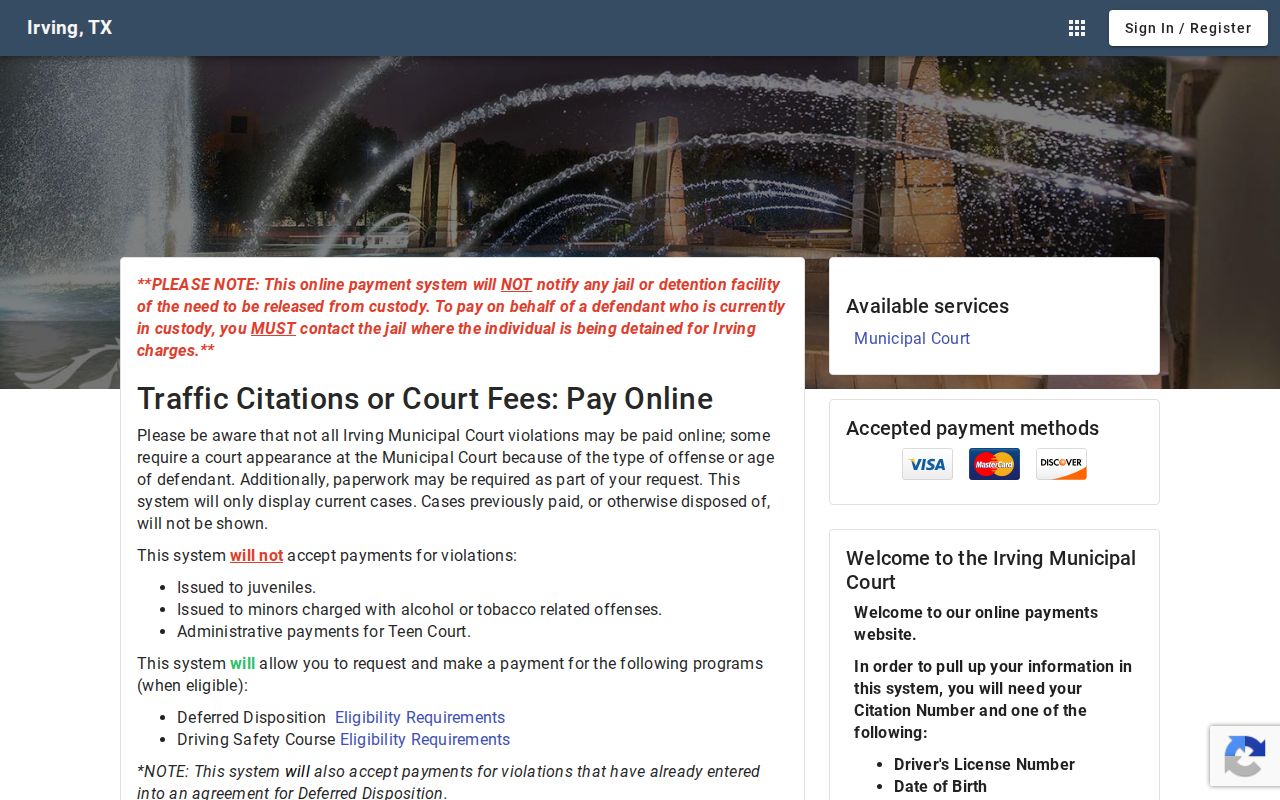 Irving warrant citation portal with citation and identity fields