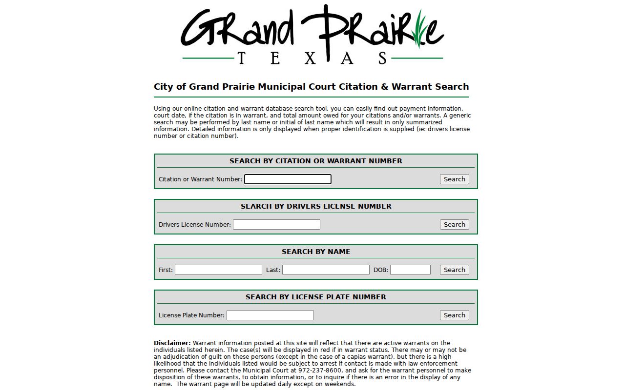 Grand Prairie warrant search citation, license, name, and plate fields