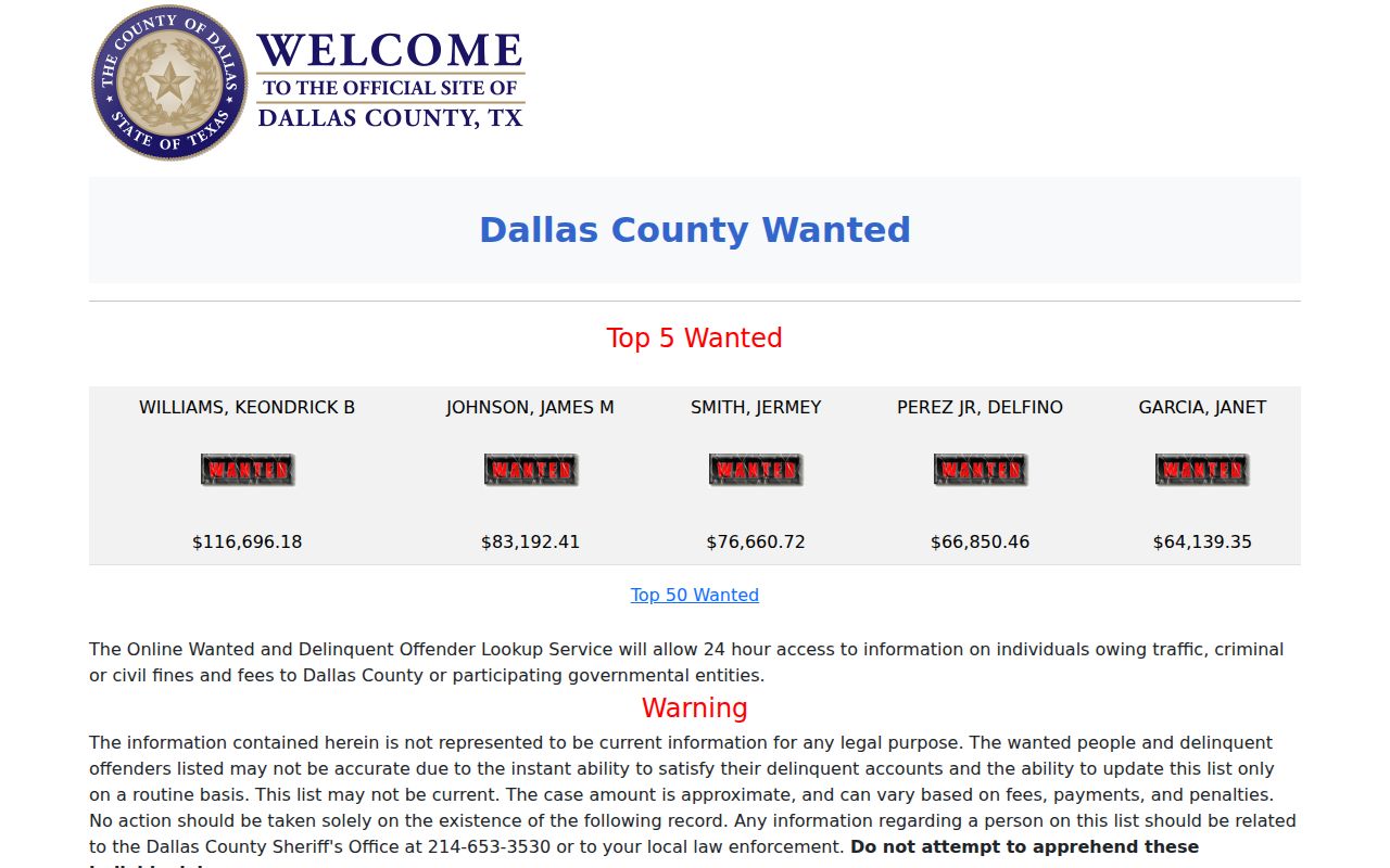 Dallas County Wanted landing page with its public-search warning