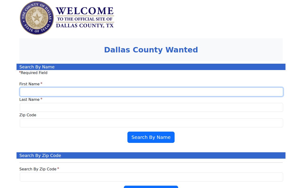 Dallas County warrant search fields in the official county portal