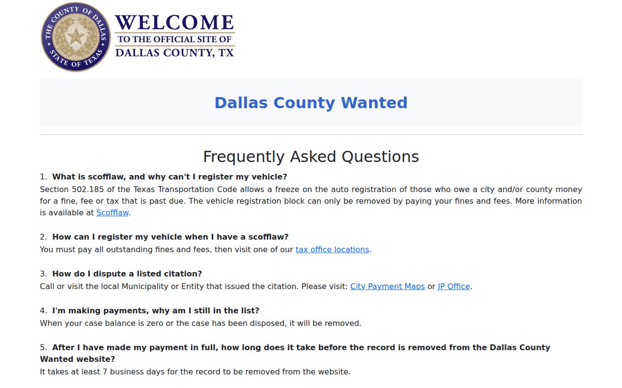 Dallas County warrant list FAQ and removal timing